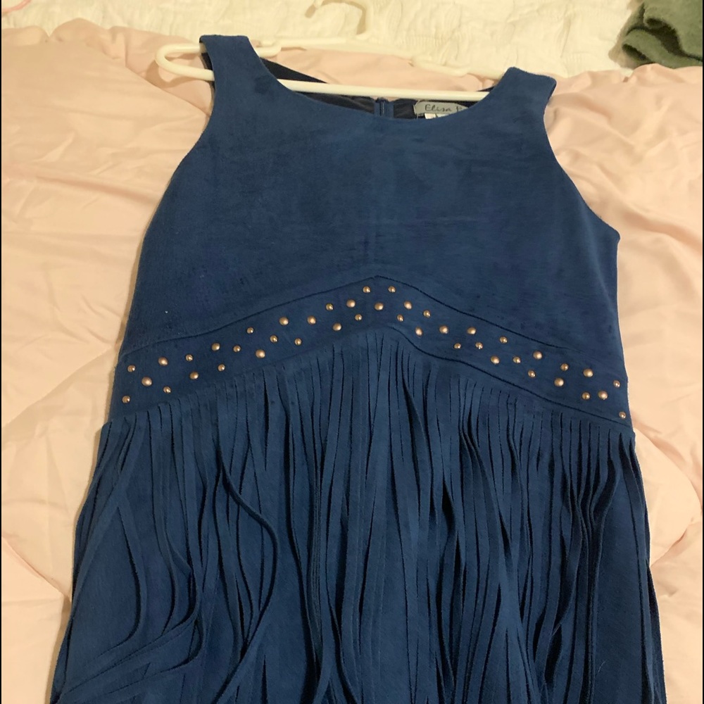 blue fringe formal dress